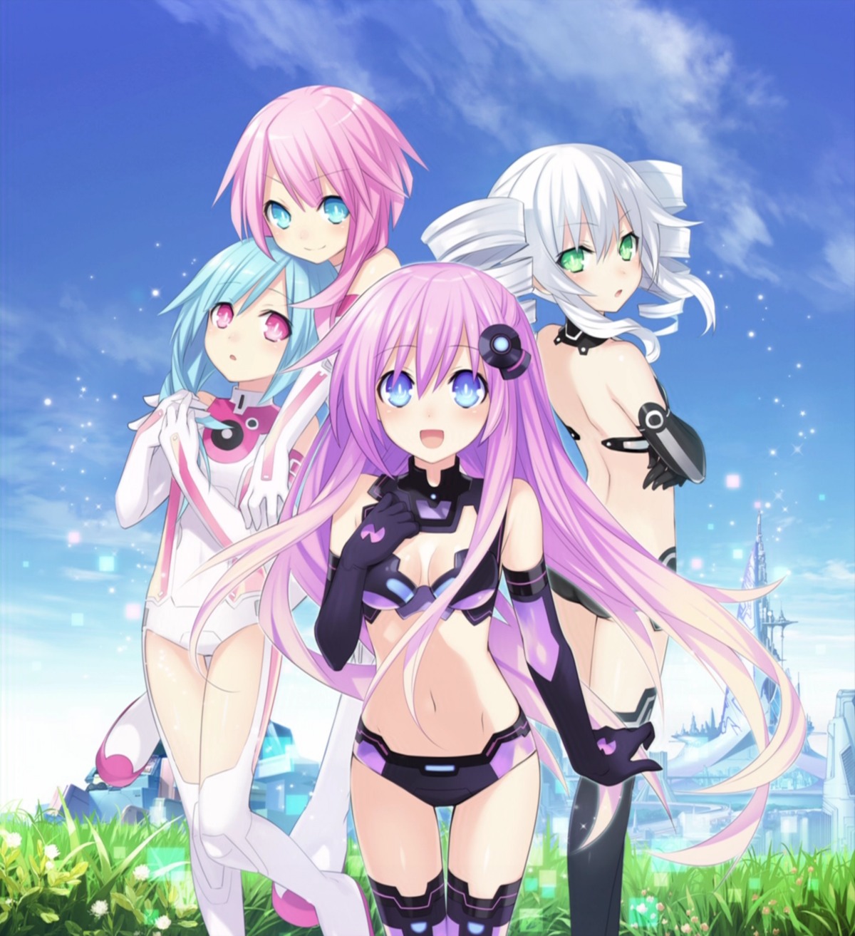 black_sister bodysuit choujigen_game_neptune choujigen_game_neptune_mk2 cleavage compile_heart purple_sister thighhighs tsunako white_sister_ram white_sister_rom