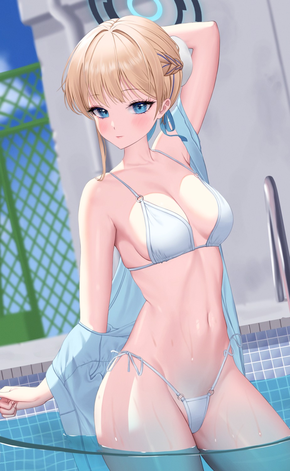 angrycat_(tkuw2438) asuma_toki bikini blue_archive halo open_shirt swimsuits thong wet