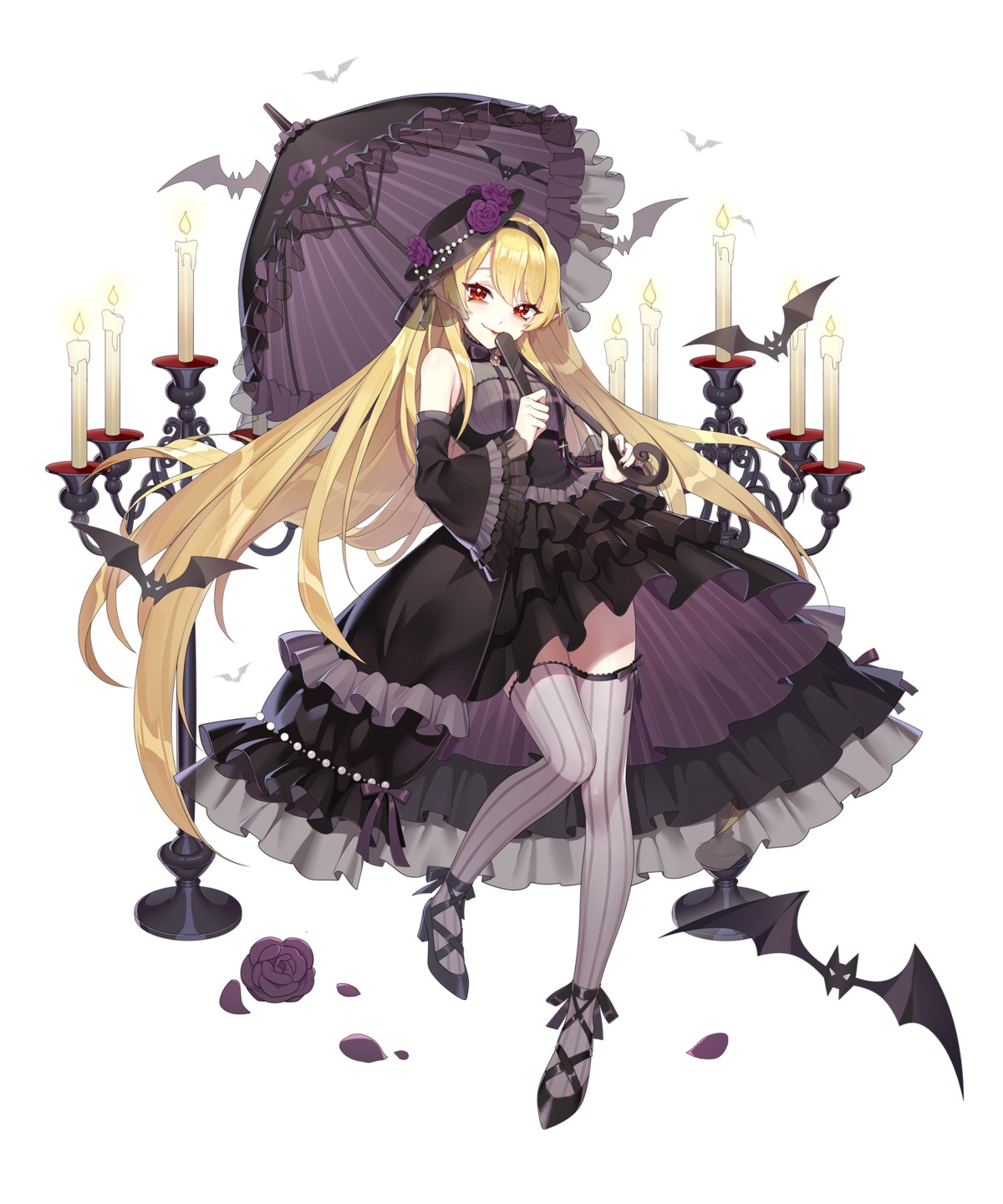 ark_order breast_hold dracula_(ark_order) dress gothic_lolita heels lolita_fashion mie_tu_jiu_jiu pointy_ears see_through skirt_lift thighhighs umbrella