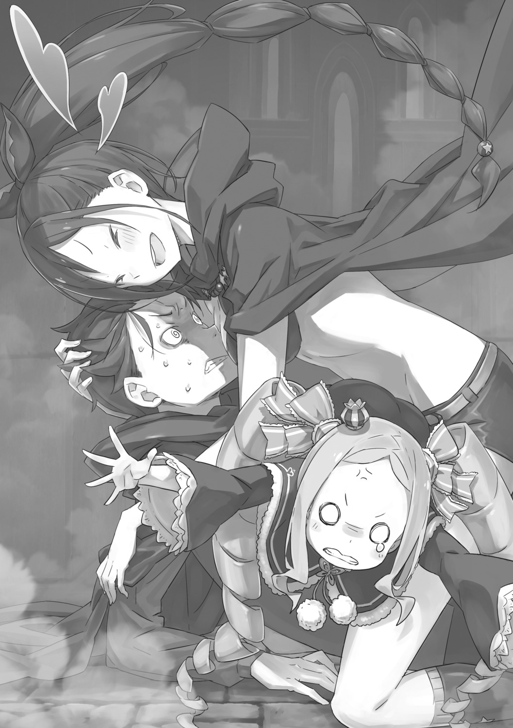 beatrice_(re_zero) monochrome natsuki_subaru re_zero_kara_hajimeru_isekai_seikatsu