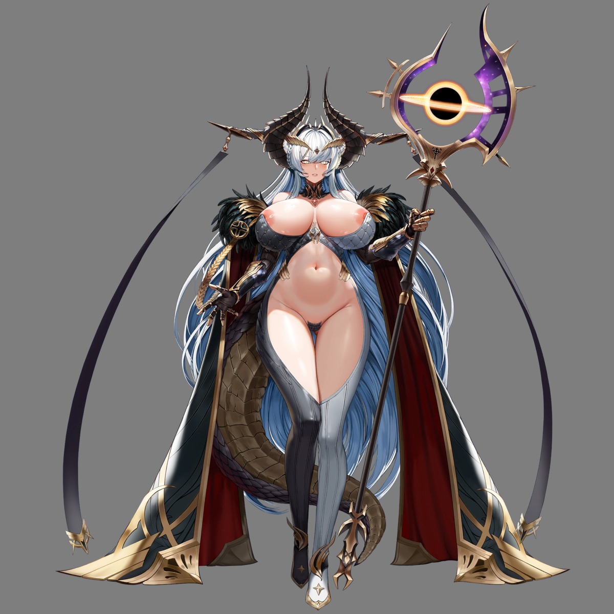 armor blind_princess_(last_origin) horns last_origin maebari mr.yun nipple_slip no_bra nopan tail weapon