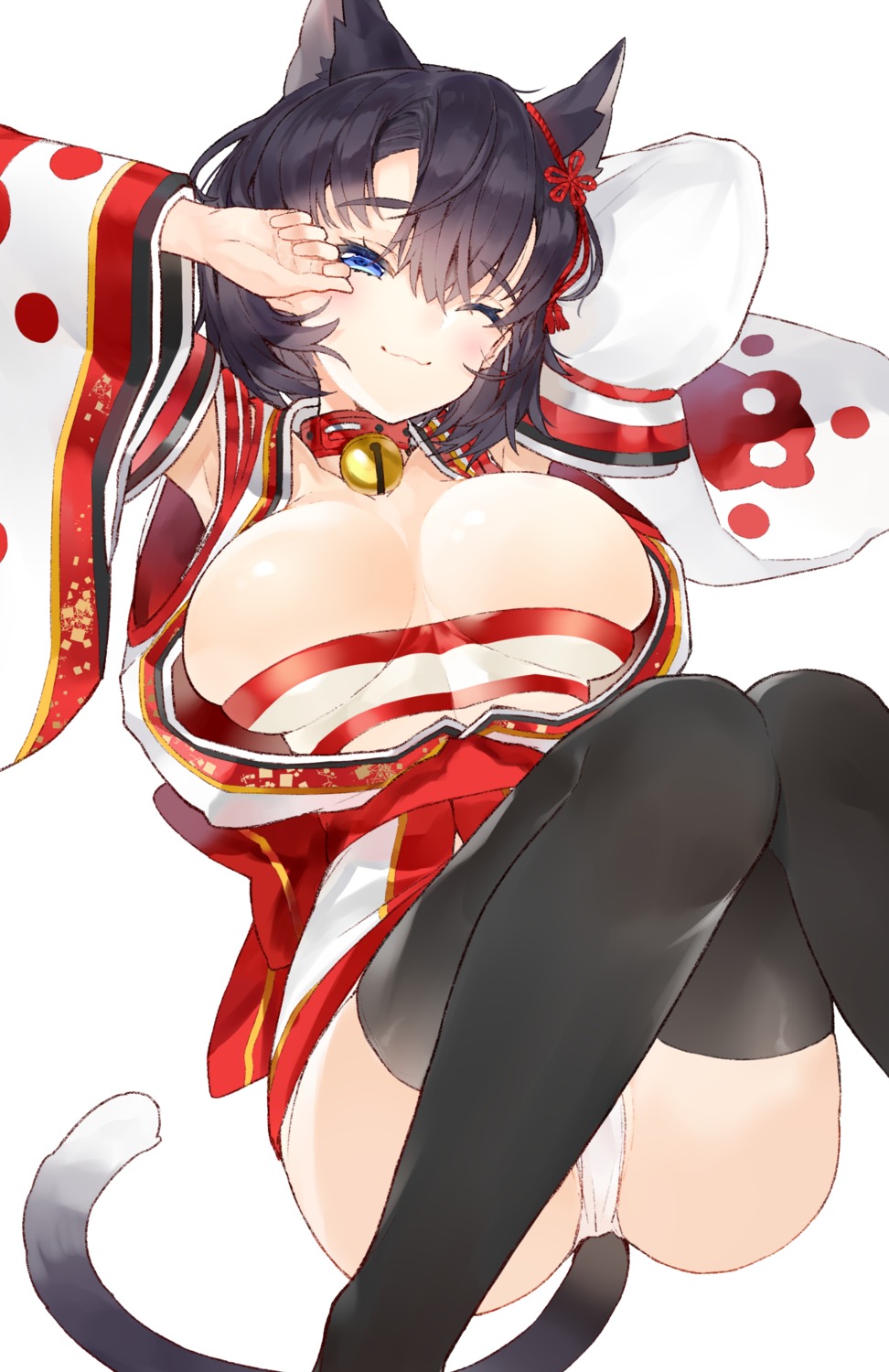 animal_ears breasts japanese_clothes kou_mashiro nekomimi no_bra open_shirt pantsu tail thighhighs