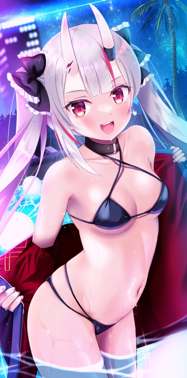 bikini hololive horns mizuno_kurage nakiri_ayame open_shirt swimsuits undressing wet