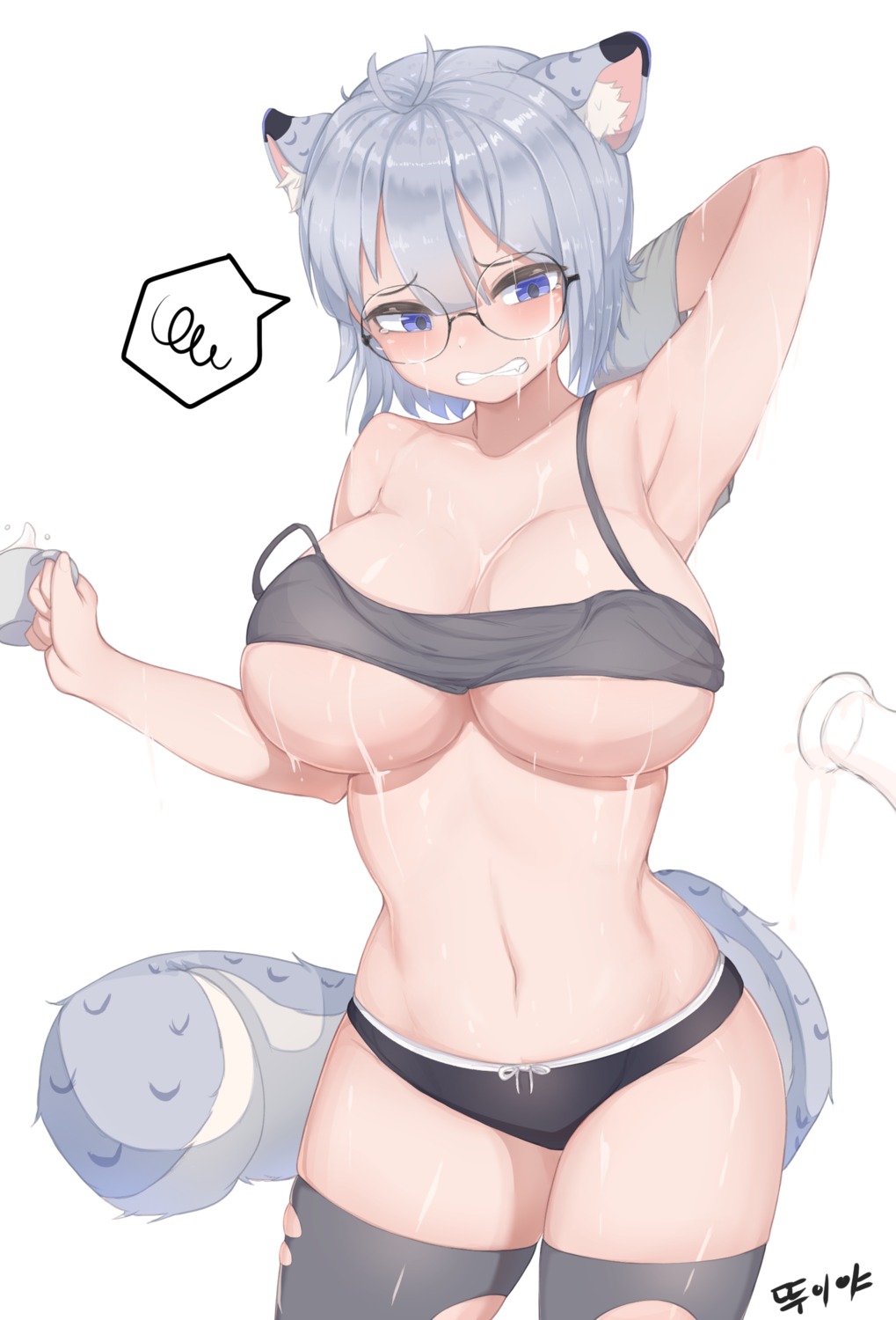 animal_ears megane pantsu shirt_lift skyhood tail thighhighs torn_clothes wet