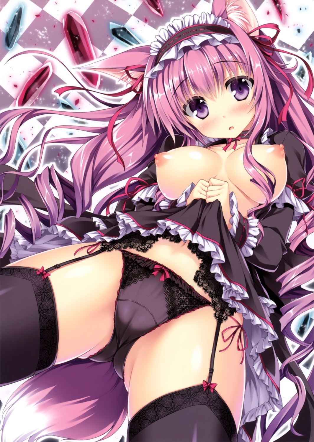 animal_ears breasts cameltoe garter_belt kitsune maid nipples no_bra pantsu skirt_lift stockings string_panties tail tateha thighhighs