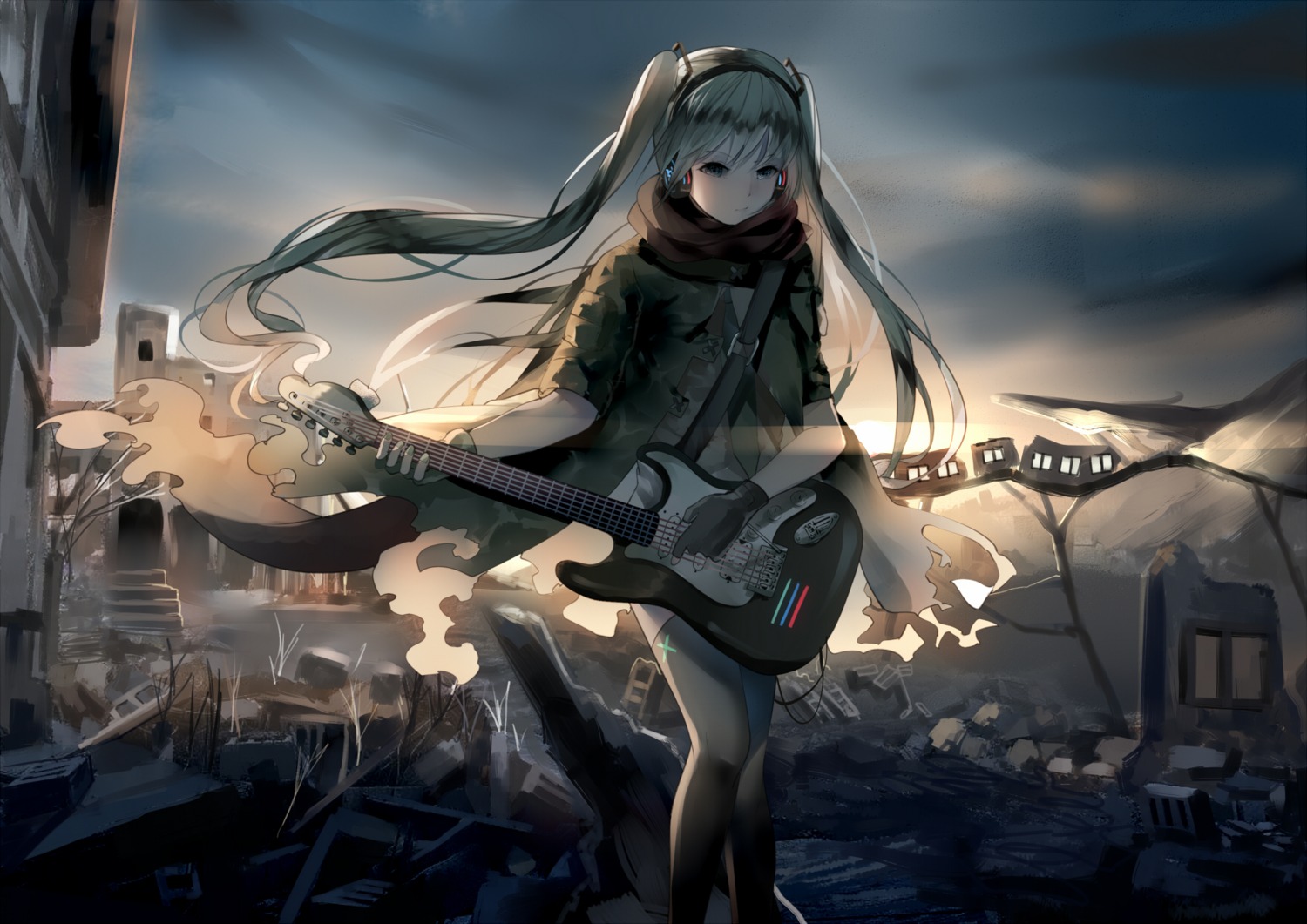 guitar hatsune_miku headphones thighhighs torn_clothes vocaloid weitu