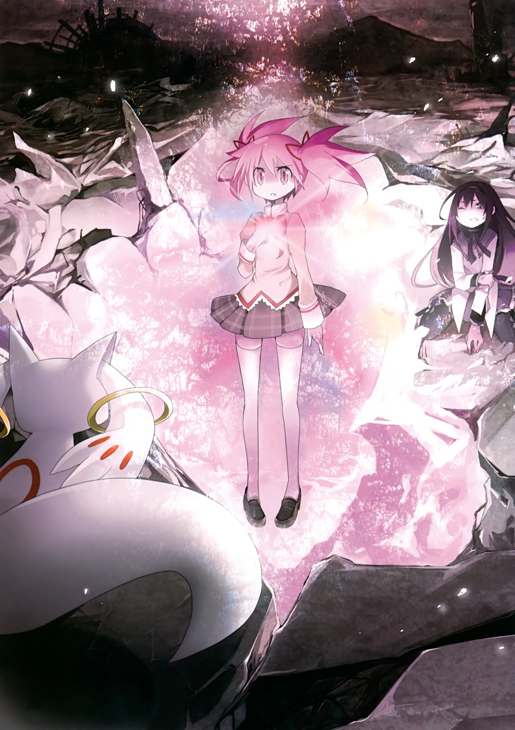 akemi_homura kaname_madoka kyubey pantyhose puella_magi_madoka_magica seifuku tansuke thighhighs