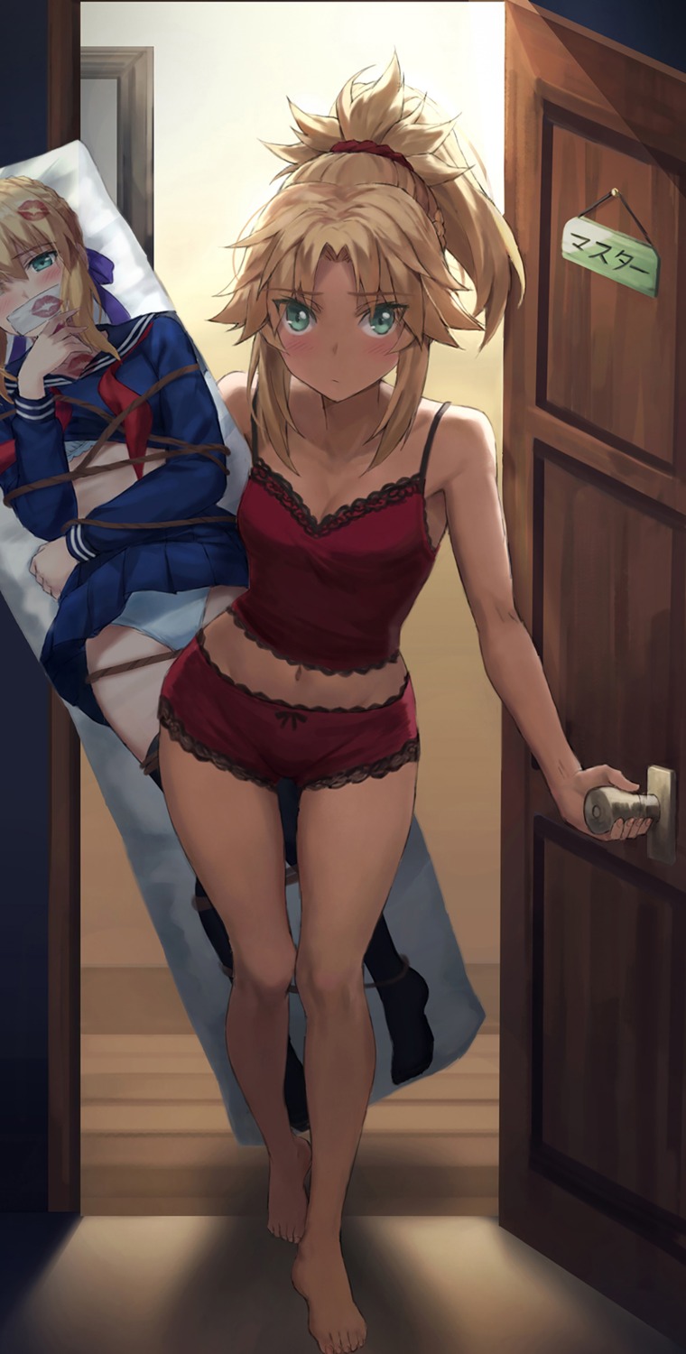 artoria_pendragon_(lancer) bondage bra cleavage fate/apocrypha fate/grand_order fate/stay_night lingerie mordred_(fate) pantsu seifuku shirt_lift skirt_lift tonee