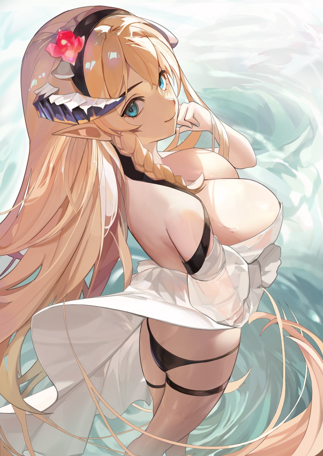 arknights ass bikini garter horns pointy_ears renleiwanyier saileach_(arknights) see_through swimsuits