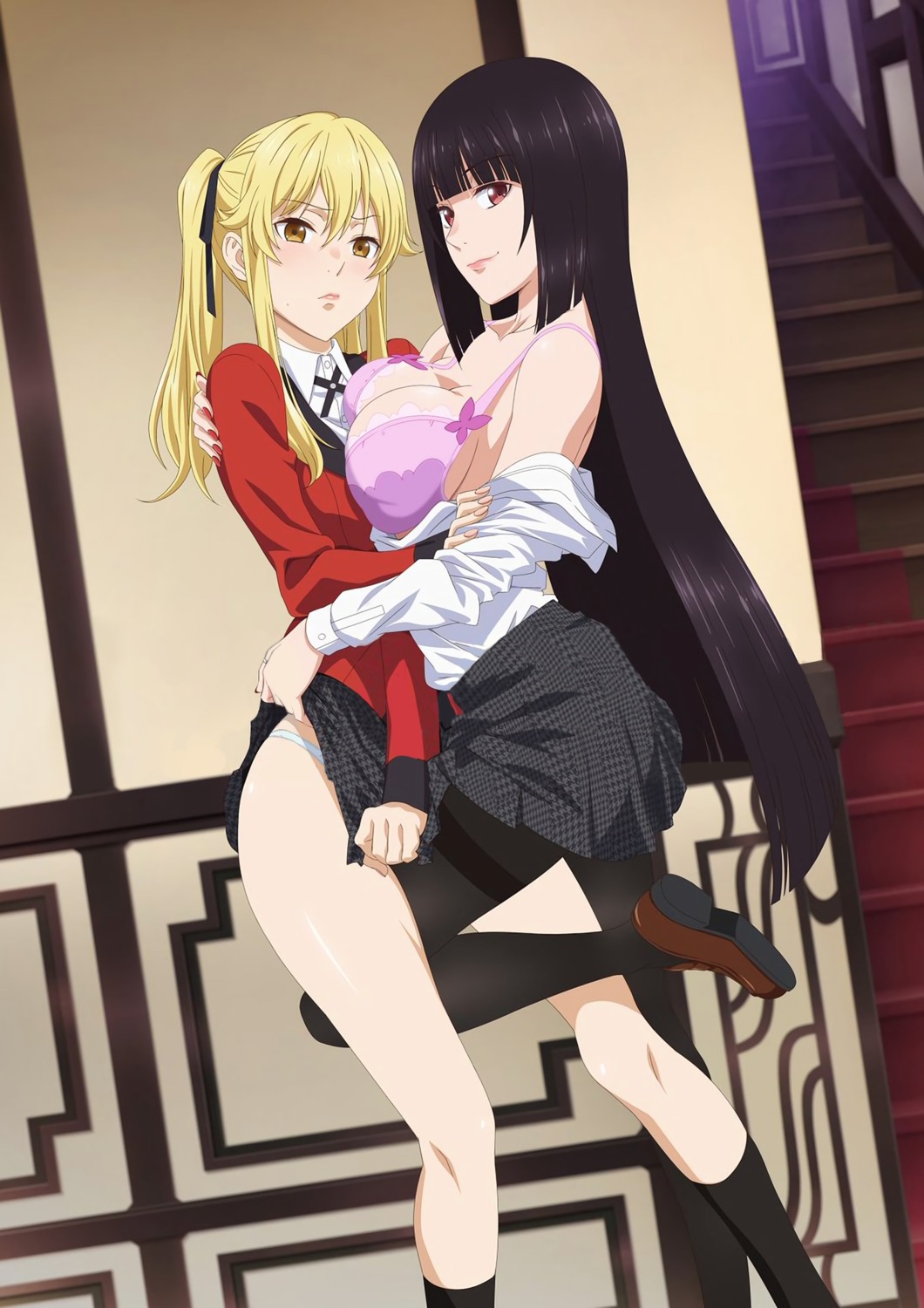 bra cleavage jabami_yumeko kakegurui open_shirt pantsu saotome_mary seifuku skirt_lift symmetrical_docking yuri