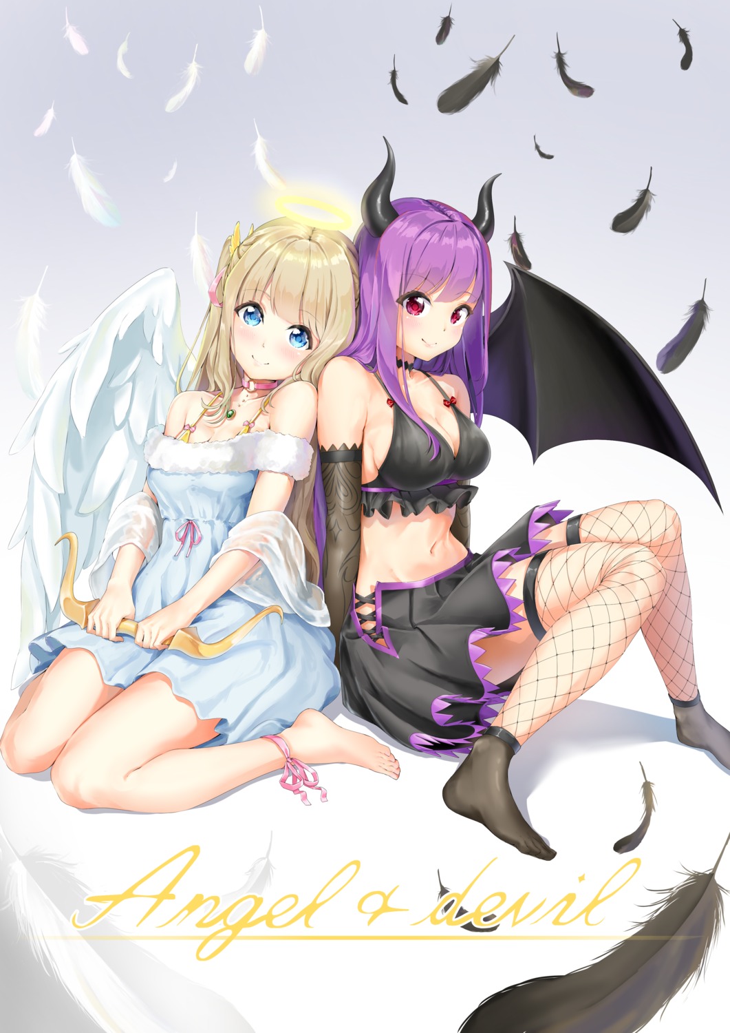 angel bra cleavage devil dress feet fishnets horns rissenka see_through skirt_lift thighhighs weapon wings