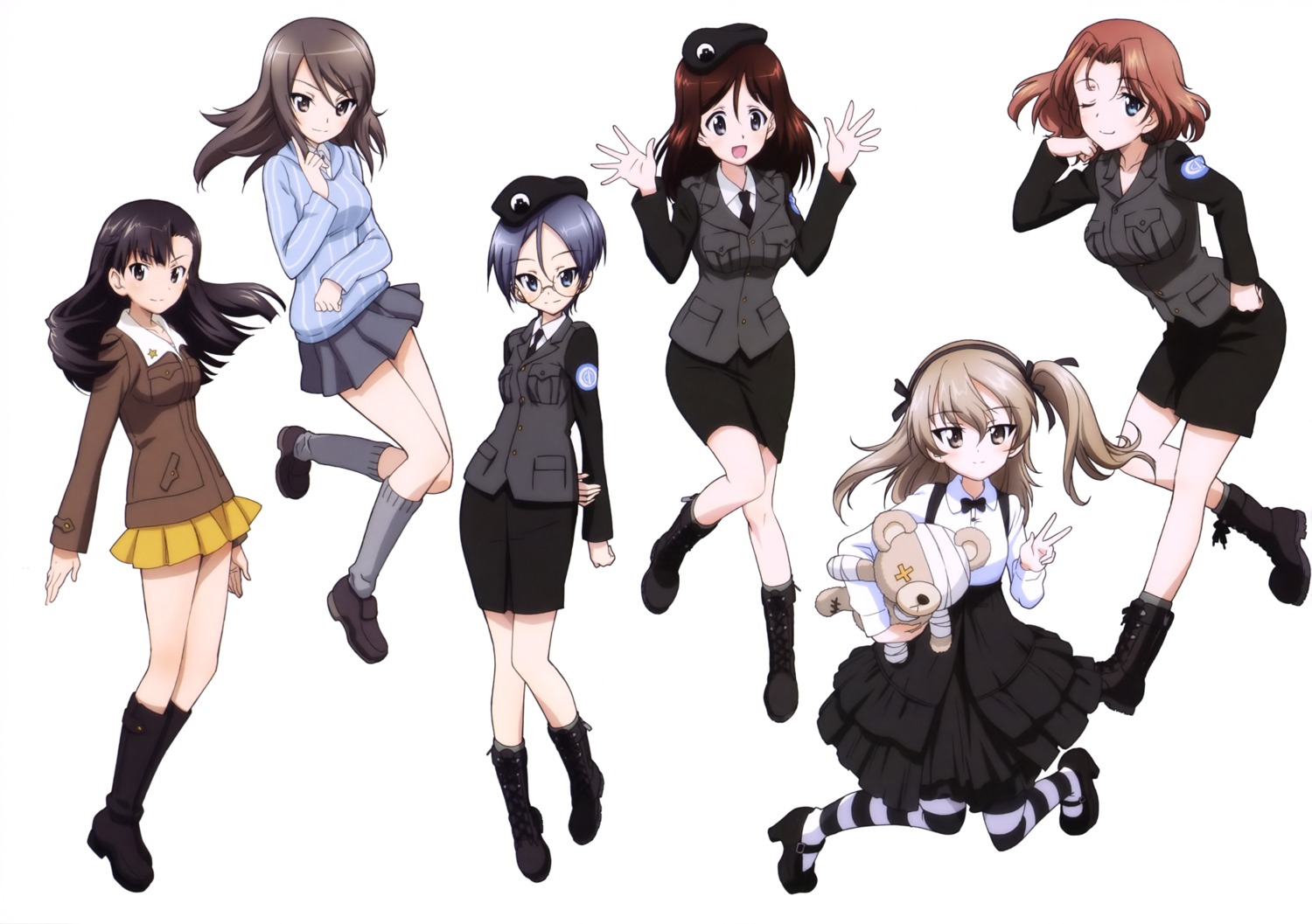 azumi_(girls_und_panzer) bandages dress girls_und_panzer gothic_lolita heels lolita_fashion megane megumi_(girls_und_panzer) mika_(girls_und_panzer) nishi_kinuyo rumi_(girls_und_panzer) seifuku shimada_arisu sweater uniform