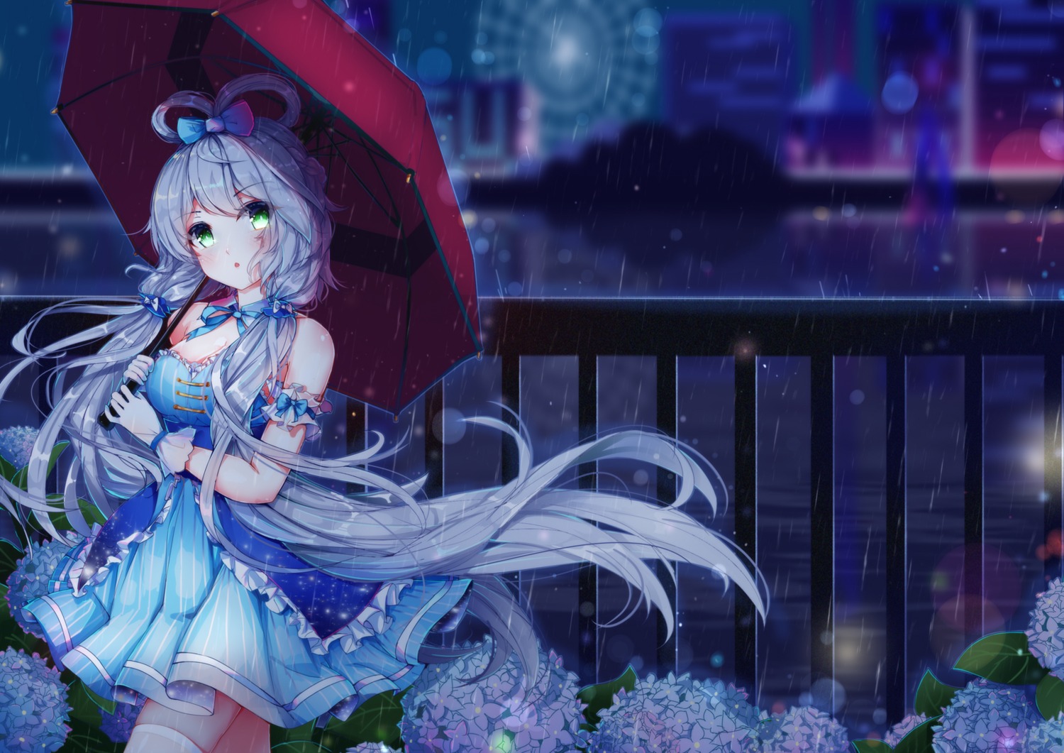 cleavage dress luo_tianyi thighhighs umbrella vocaloid wet yuri_to_hizakura