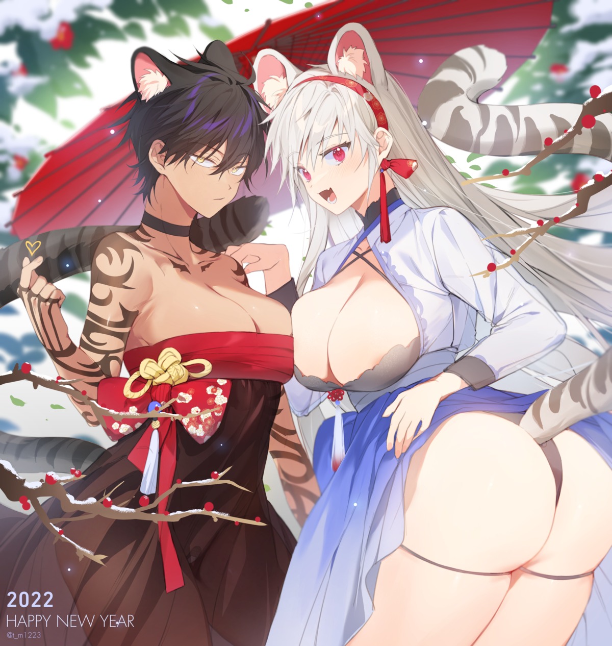 animal_ears areola asian_clothes ass bandaid bra nekomimi no_bra open_shirt pantsu see_through skirt_lift tail tattoo thong timy