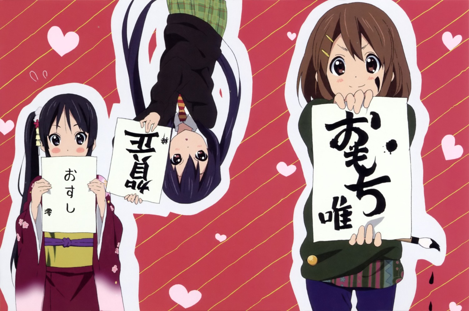 akiyama_mio hirasawa_yui horiguchi_yukiko k-on! nakano_azusa seifuku sweater yukata