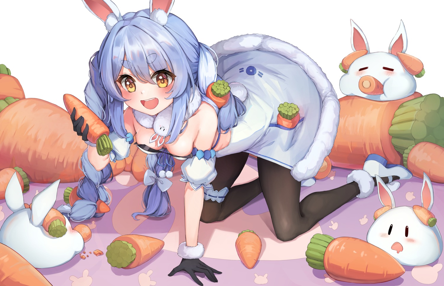 animal_ears bunny_ears chirang dress garter hololive no_bra pantyhose tail usada_pekora