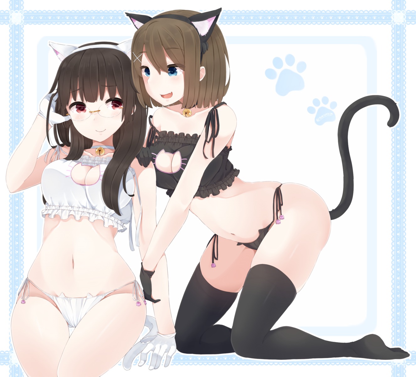 animal_ears choukai_(kancolle) cleavage kantai_collection lingerie maya_(kancolle) megane nekomimi pantsu string_panties tail thighhighs yukichi_(sukiyaki39)