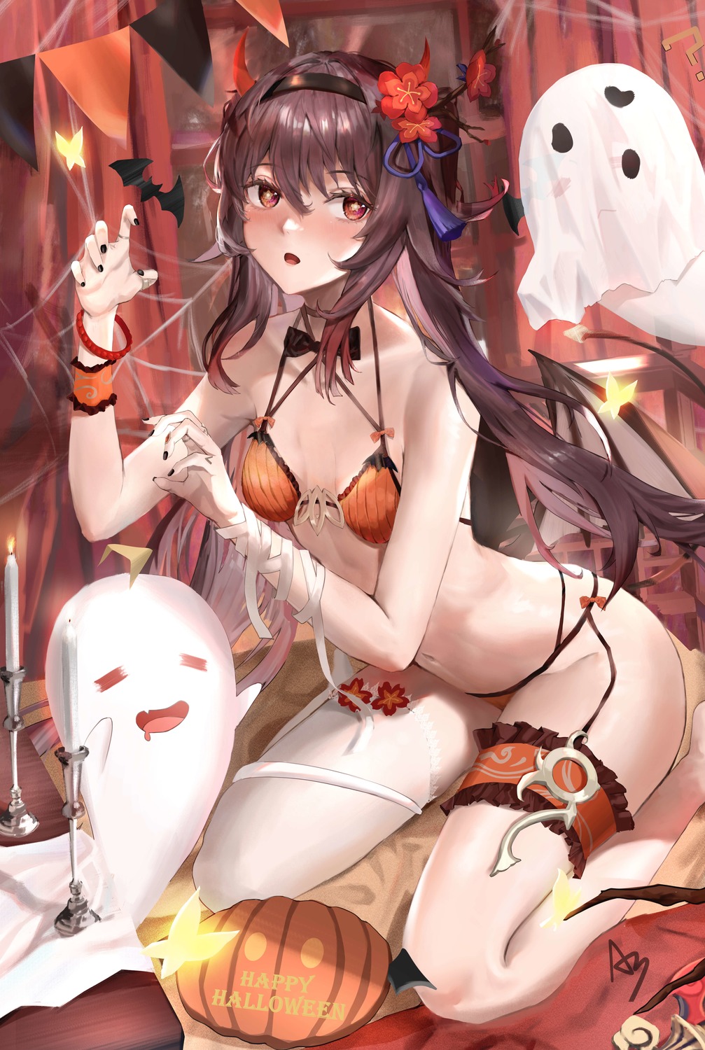 a-by bandages bra devil garter genshin_impact halloween horns hu_tao pantsu tail thighhighs wings