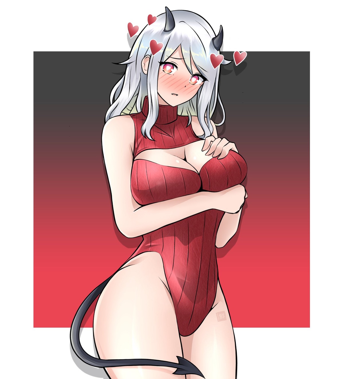 breast_hold cleavage freshtango helltaker horns leotard modeus_(helltaker) sweater tail