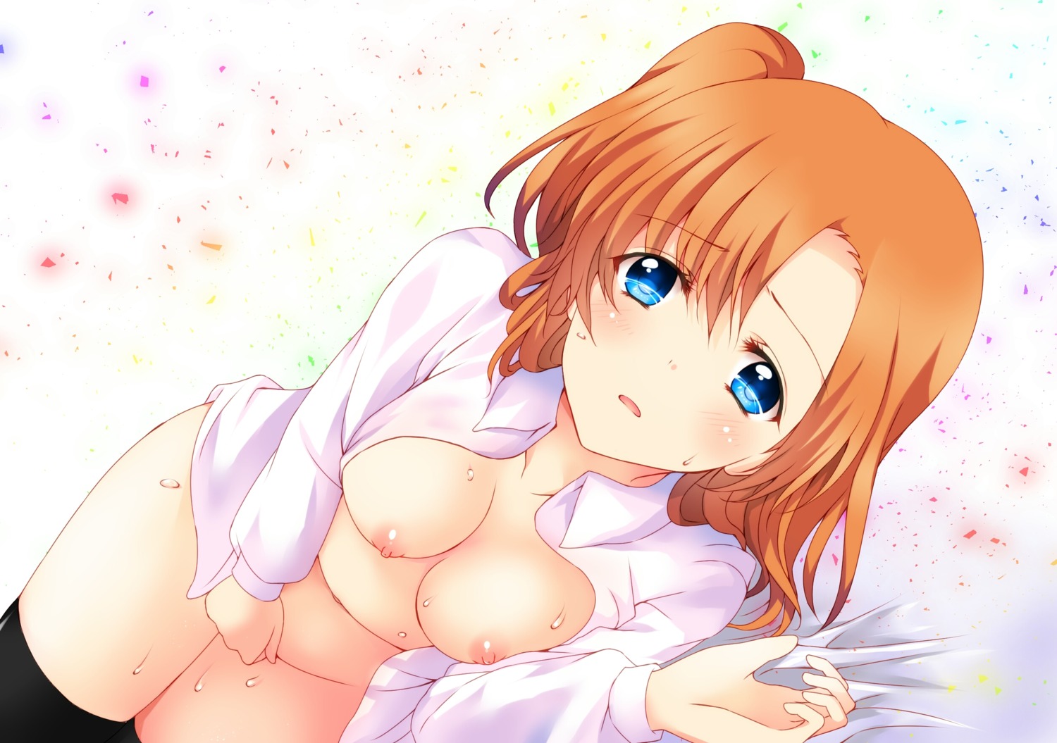 bottomless breasts dress_shirt fujisaki_kyouya kousaka_honoka love_live! masturbation nipples no_bra open_shirt thighhighs