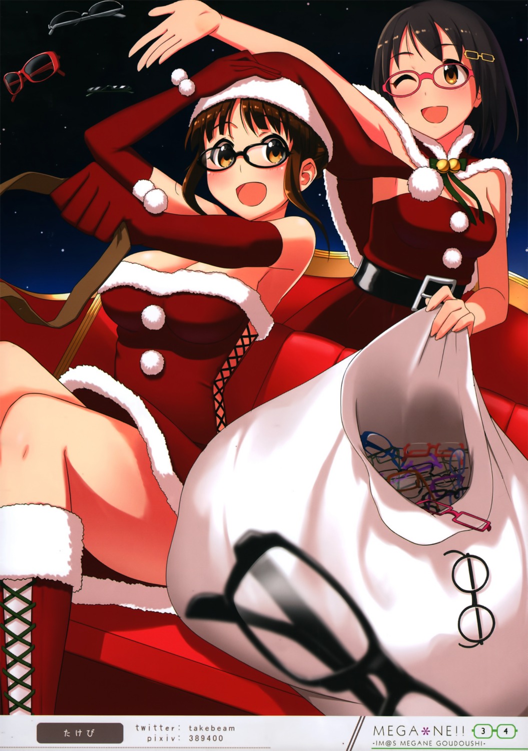 akizuki_ritsuko christmas cleavage dress kamijou_haruna megane no_bra takebi the_idolm@ster the_idolm@ster_cinderella_girls
