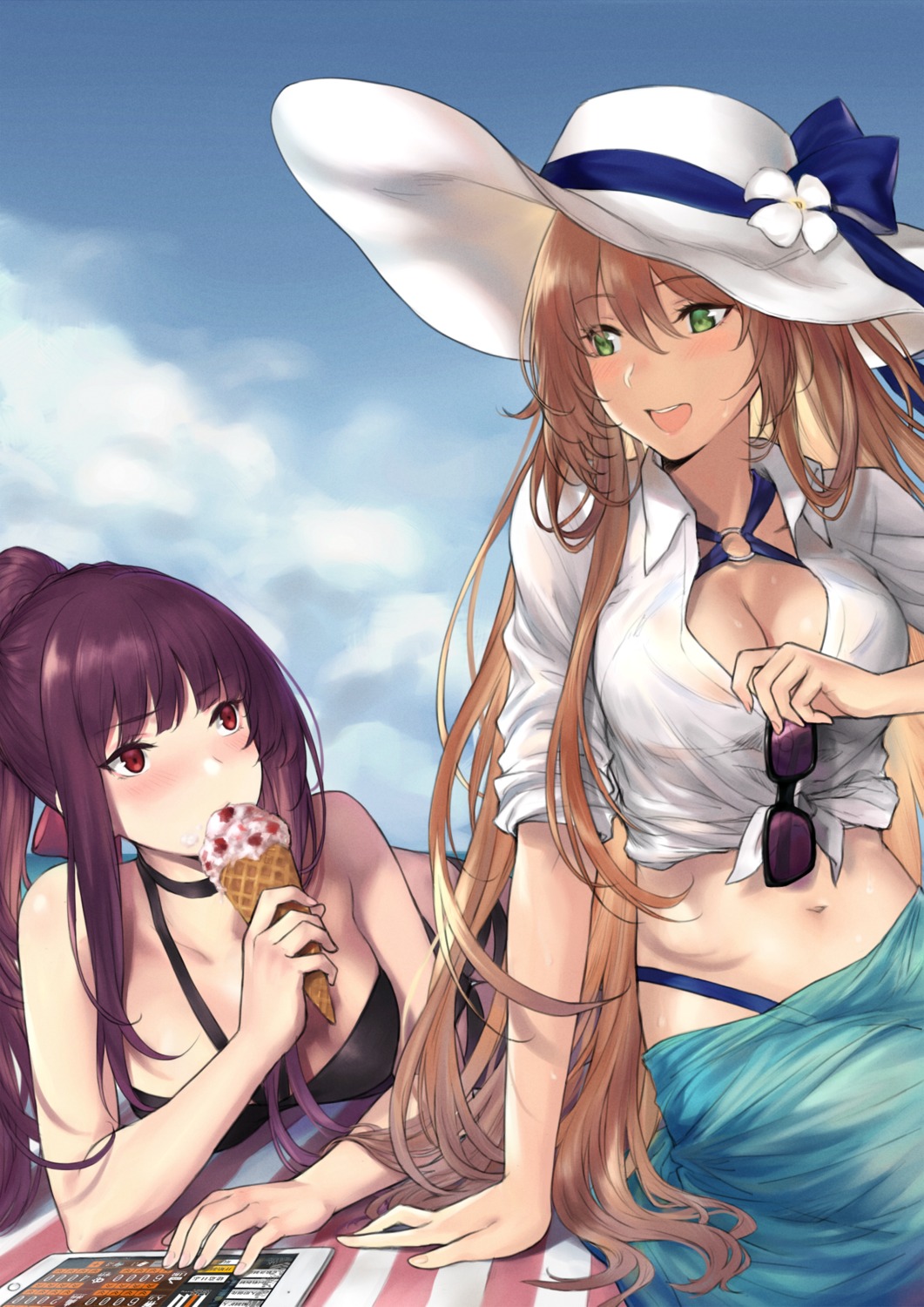 bikini cleavage girls_frontline leon_v open_shirt see_through springfield_(girls_frontline) swimsuits wa2000_(girls_frontline)