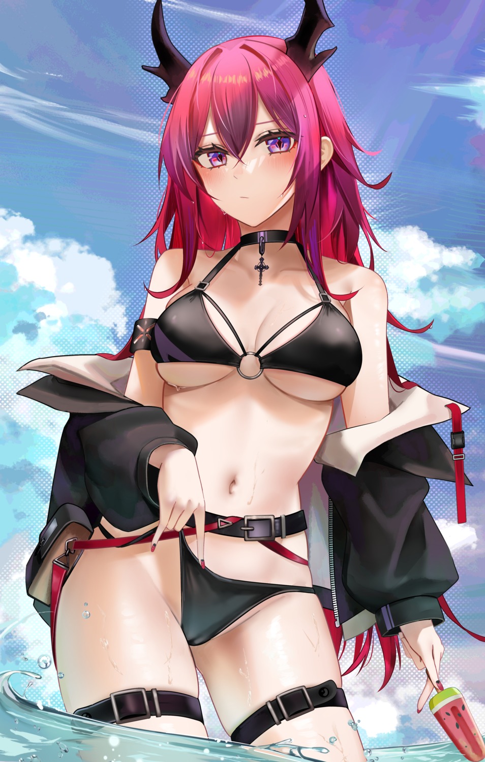 arknights bikini cameltoe garter horns open_shirt panty_pull ru_zhai surtr_(arknights) swimsuits wet