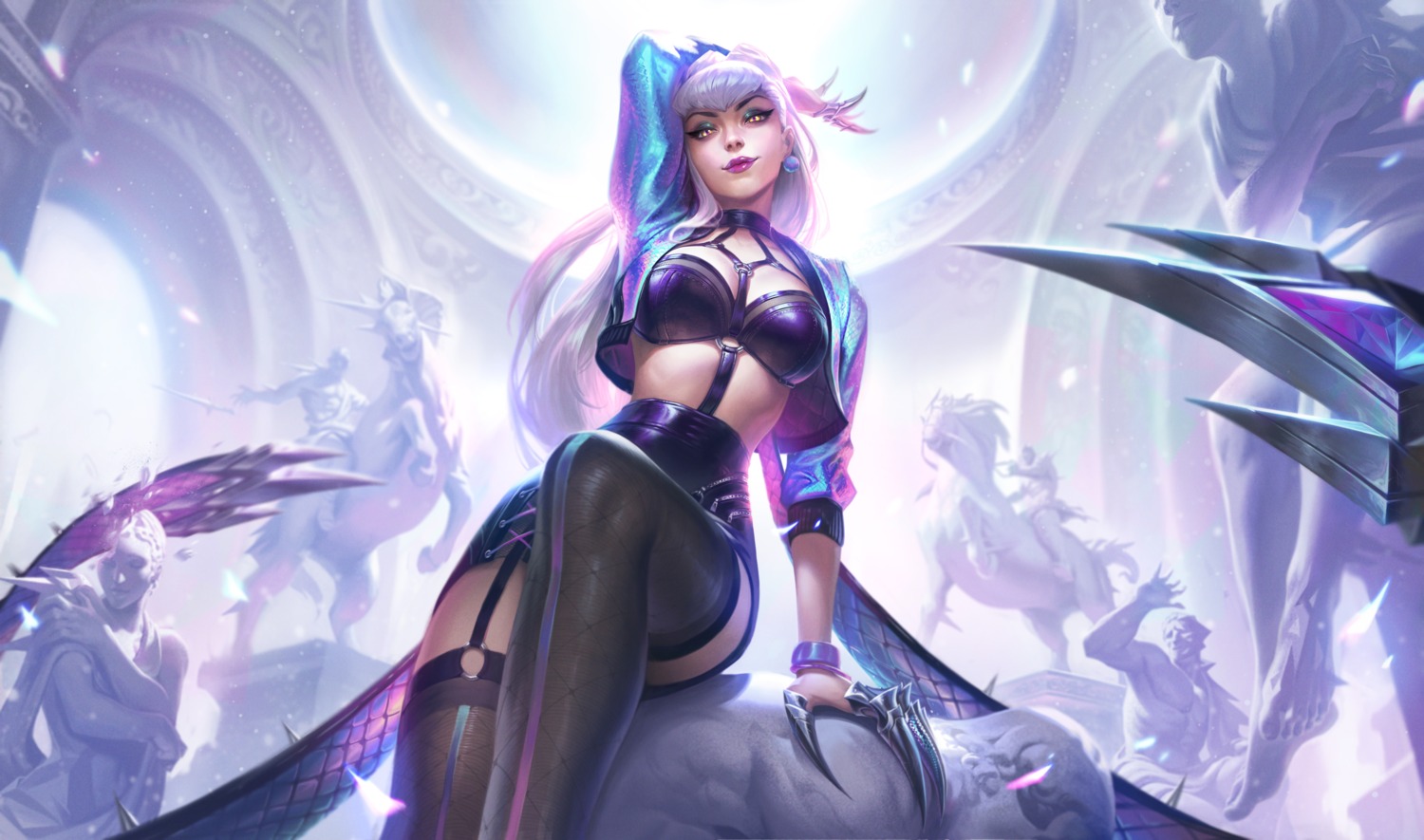 evelynn league_of_legends raikoart skirt_lift stockings thighhighs