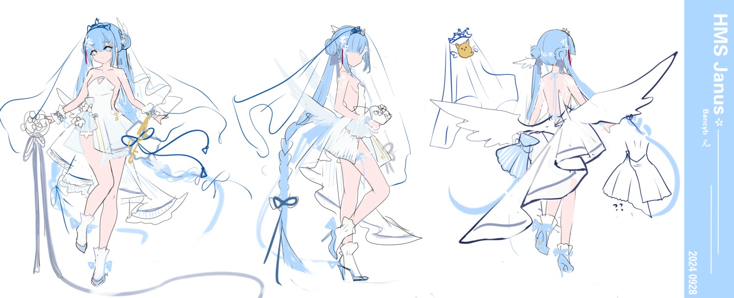 azur_lane banchiyuebai character_design dress heels janus_(azur_lane) no_bra sketch wedding_dress wings