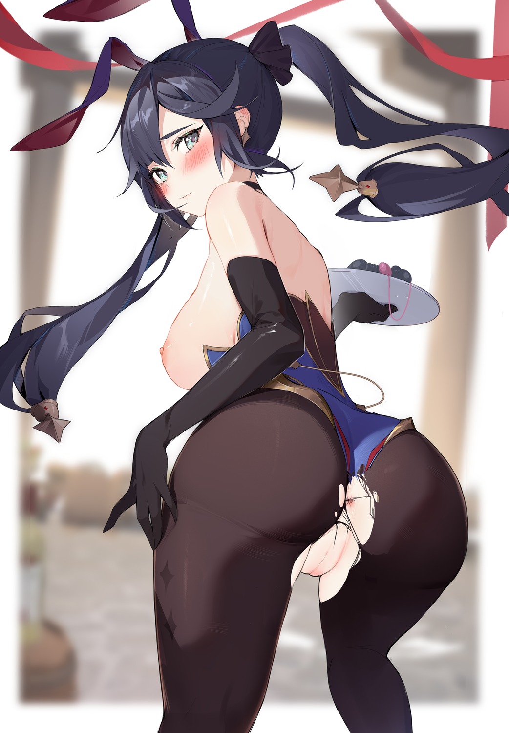 animal_ears anus ass breasts bunny_ears bunny_girl genshin_impact houkisei mona_megistus nipples no_bra nopan pantyhose pussy torn_clothes uncensored