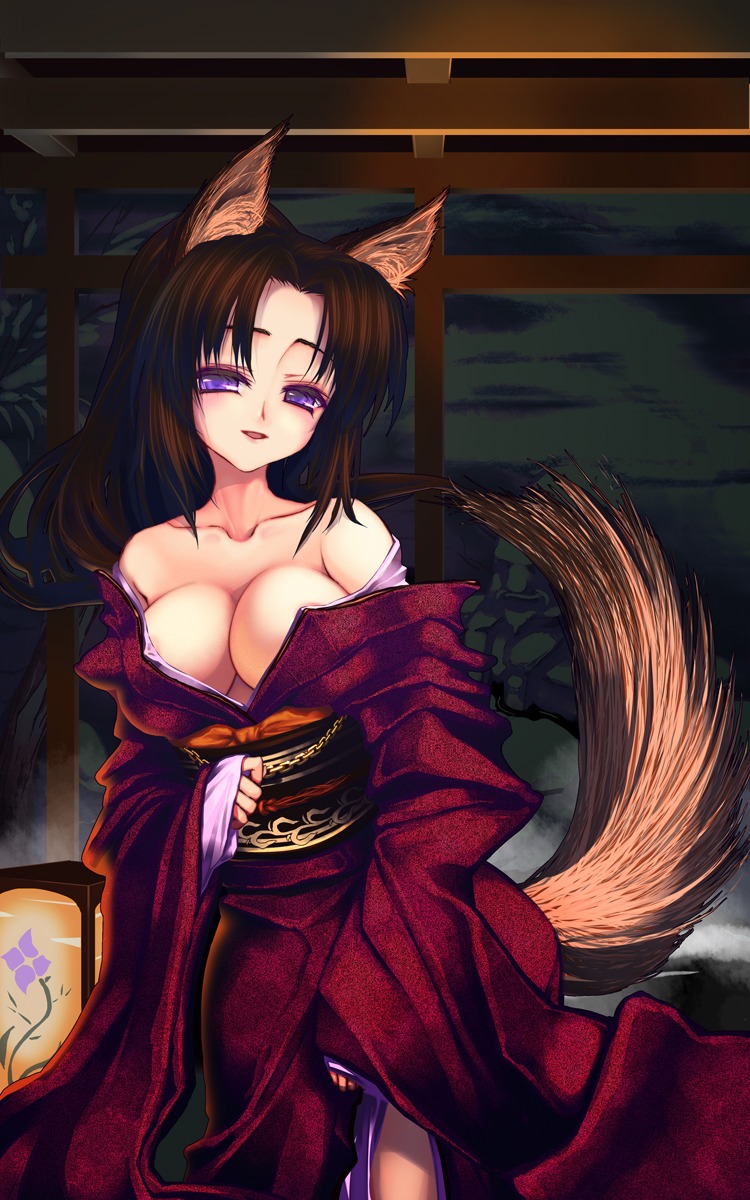 animal_ears cleavage coffee_cat erect_nipples kimono no_bra tail