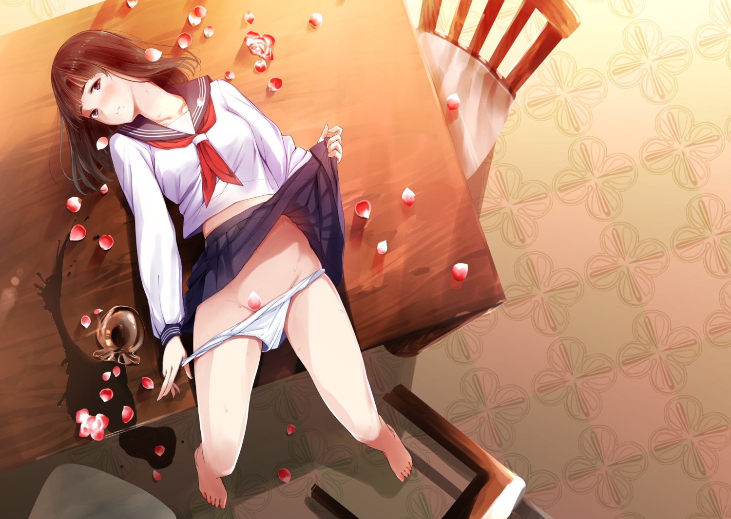 feet pantsu panty_pull seifuku skirt_lift tsukino_wagamo undressing