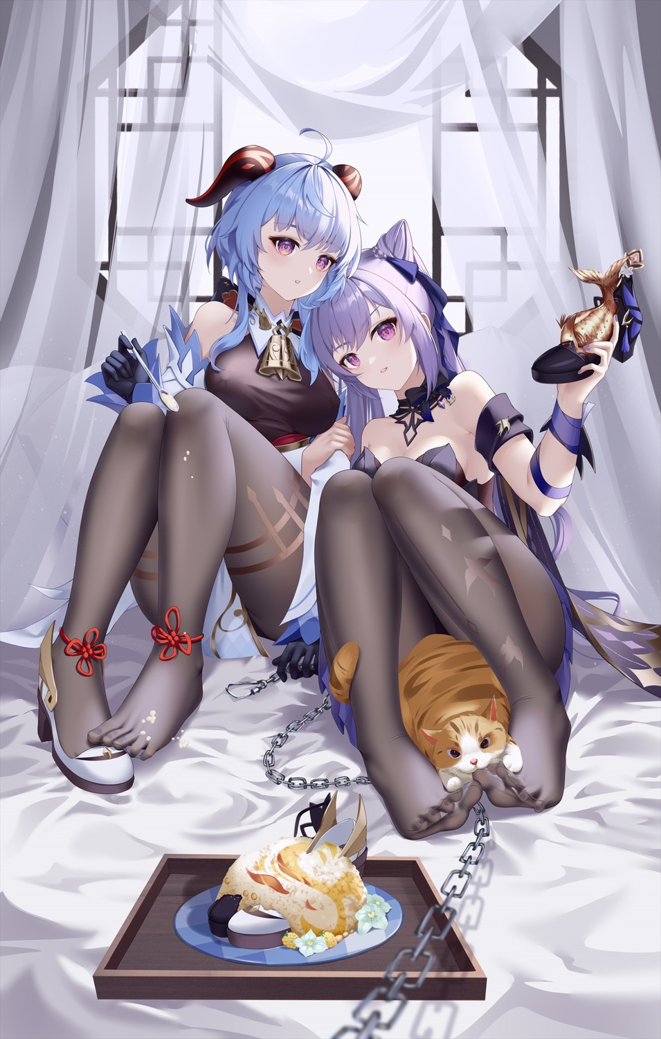 asian_clothes bingchuan_xian_yu_huang dress erect_nipples feet ganyu genshin_impact heels horns keqing neko no_bra pantyhose