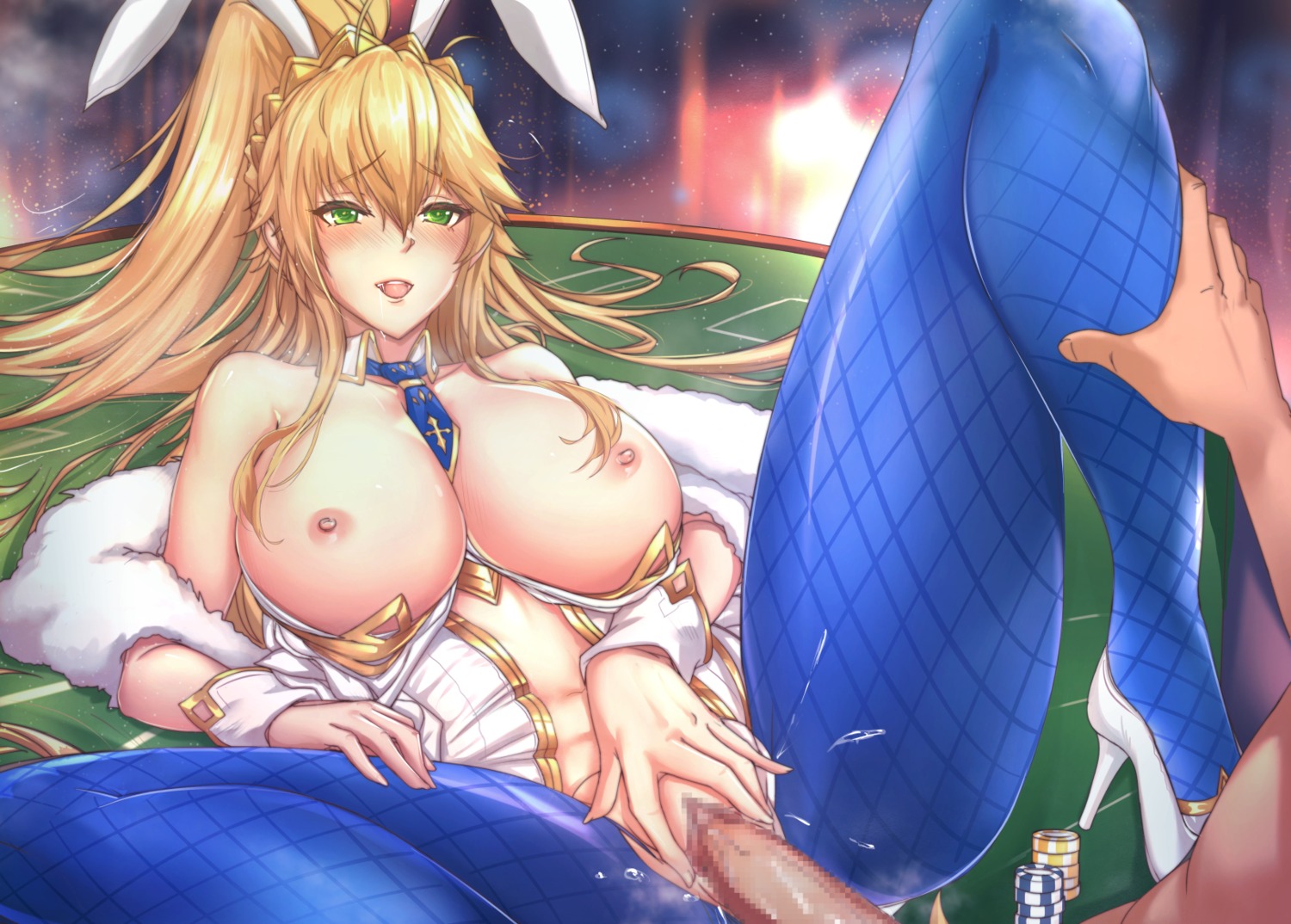 animal_ears antiqq artoria_pendragon_(lancer) breasts bunny_ears bunny_girl censored fate/grand_order heels nipples no_bra nopan open_shirt pantyhose penis pussy sex torn_clothes