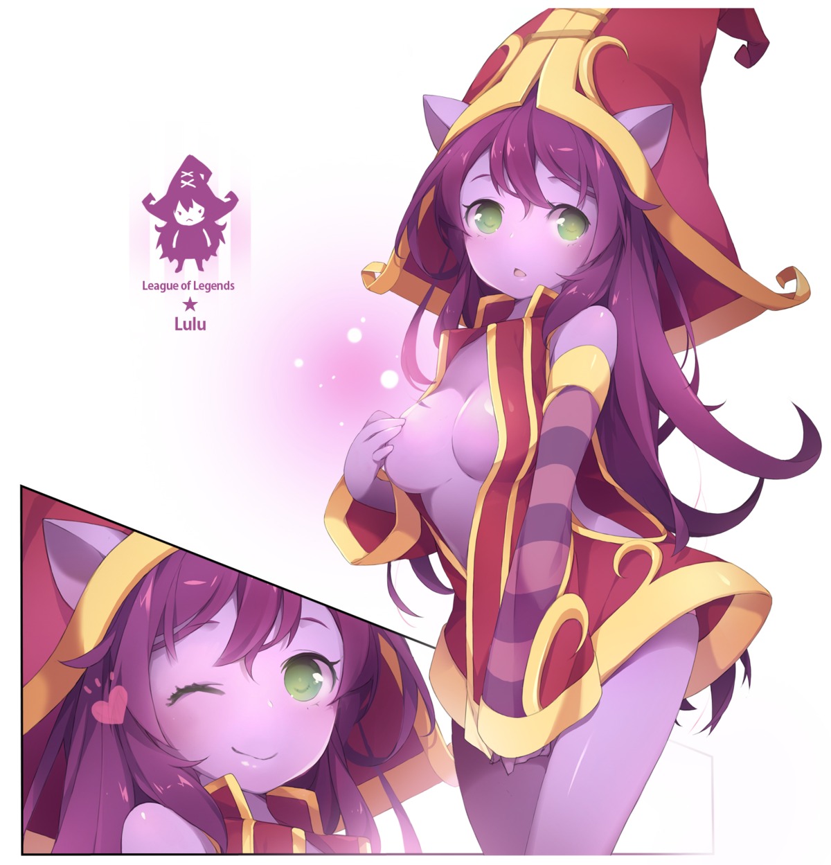 animal_ears breast_hold dress league_of_legends loli lulu_(league_of_legends) mhz no_bra open_shirt