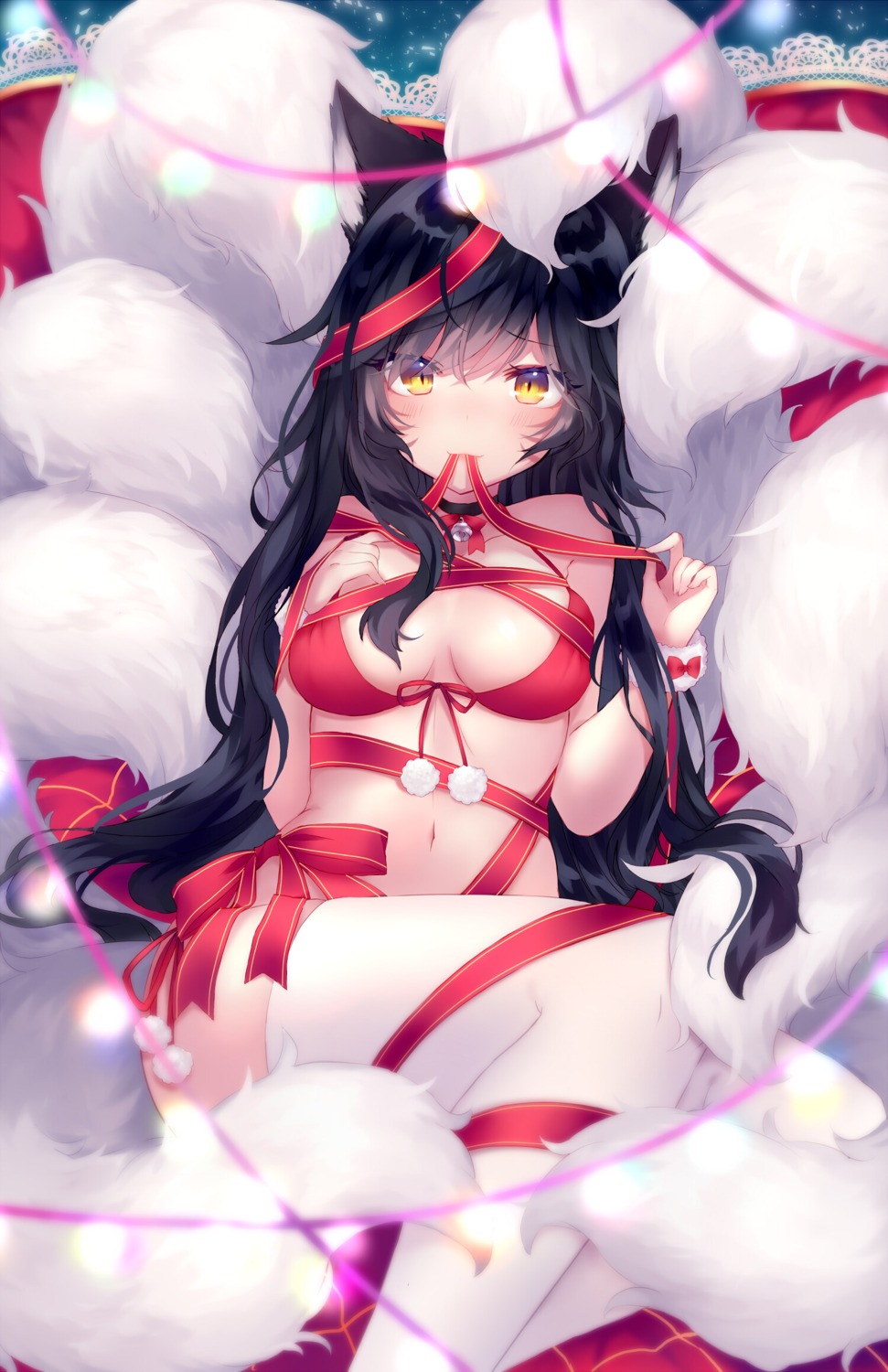 ahri animal_ears bikini christmas kitsune league_of_legends shouu-kun swimsuits tail thighhighs