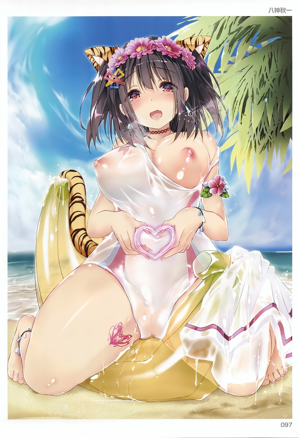 animal_ears breasts nipples see_through swimsuits tail tattoo toranoana wet wet_clothes yagami_shuuichi