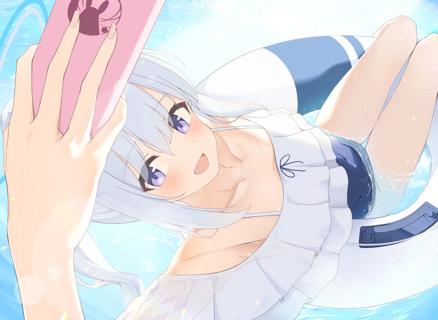 blue_archive halo selfie swimsuits tomu_(tom_309k) tsukiyuki_miyako wet