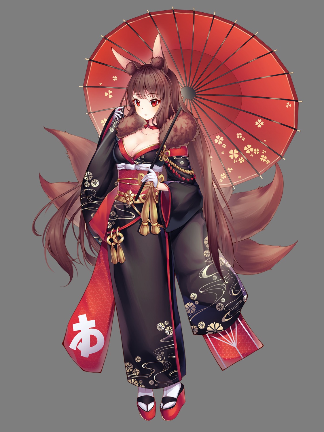 akagi_(azur_lane) animal_ears azur_lane cleavage kimono kitsune paya_(aejx2345) tail transparent_png umbrella