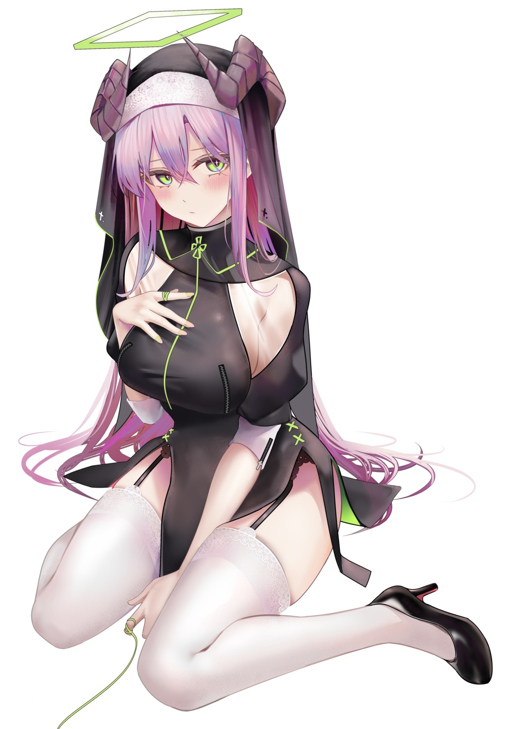 angel breast_hold garter_belt heels horns no_bra nun ru_zhai see_through skirt_lift stockings thighhighs