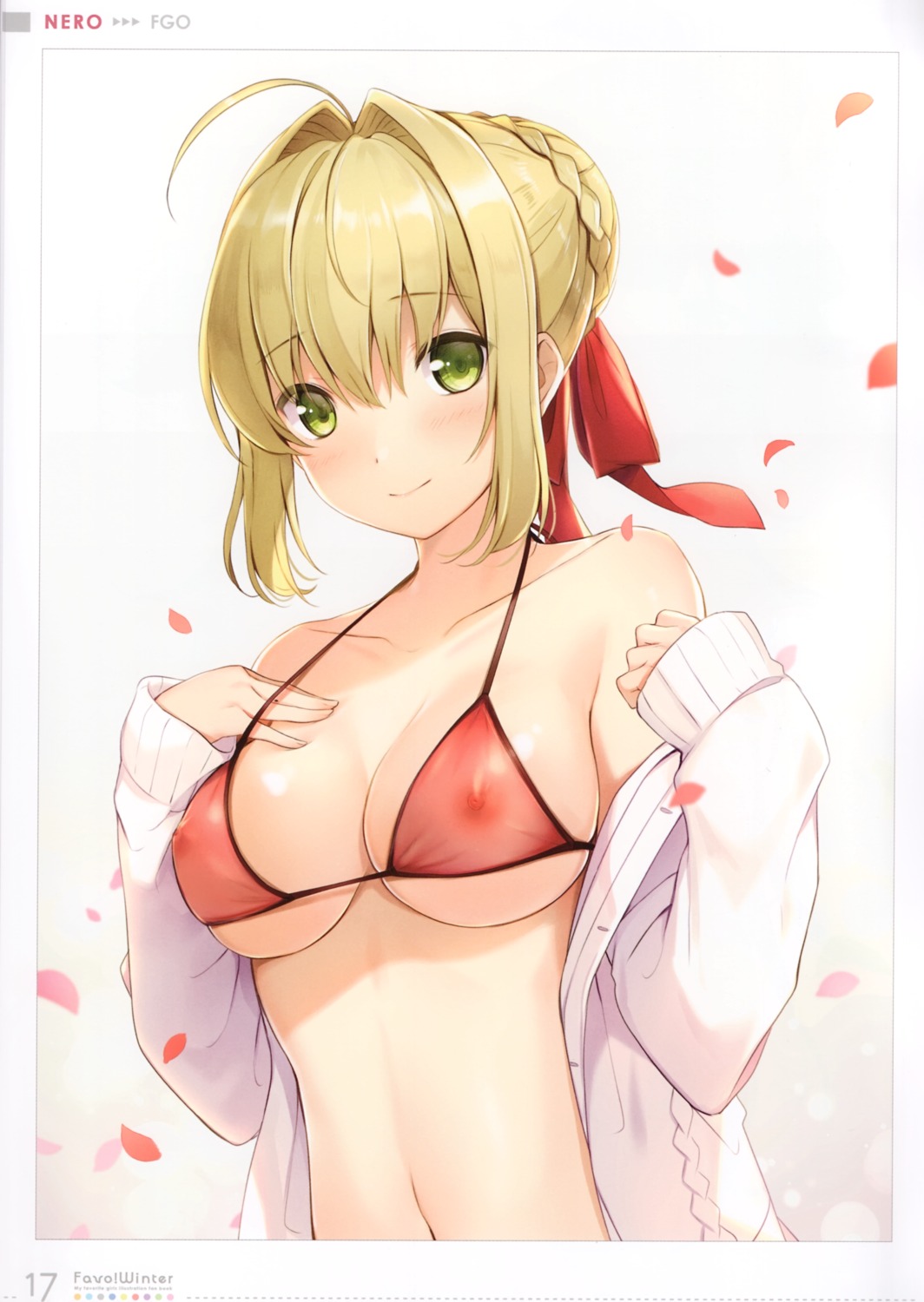 6u bikini_top eternal_land fate/grand_order nipples open_shirt saber_extra see_through sweater swimsuits