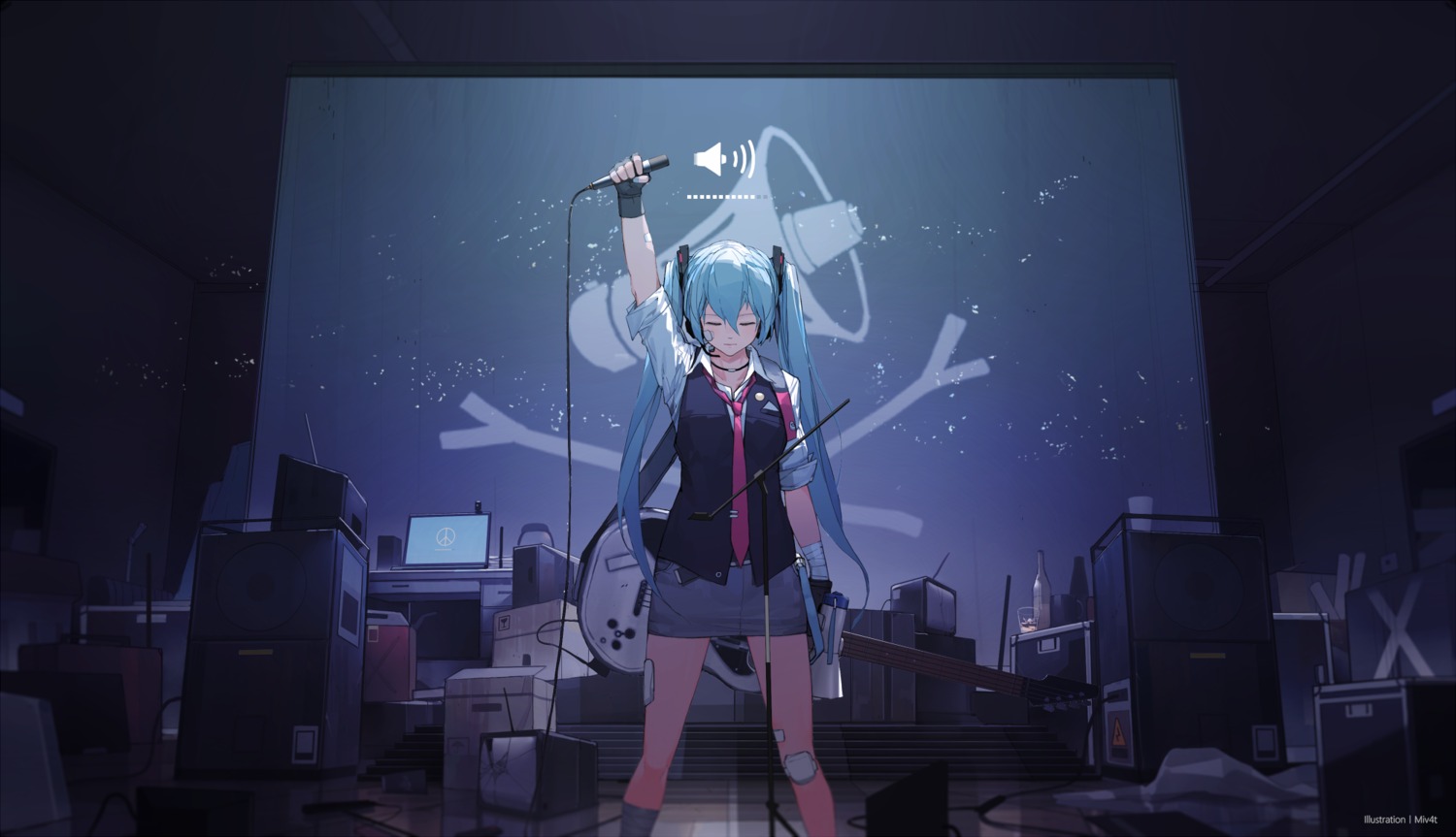 bandaid guitar hatsune_miku headphones miv4t vocaloid