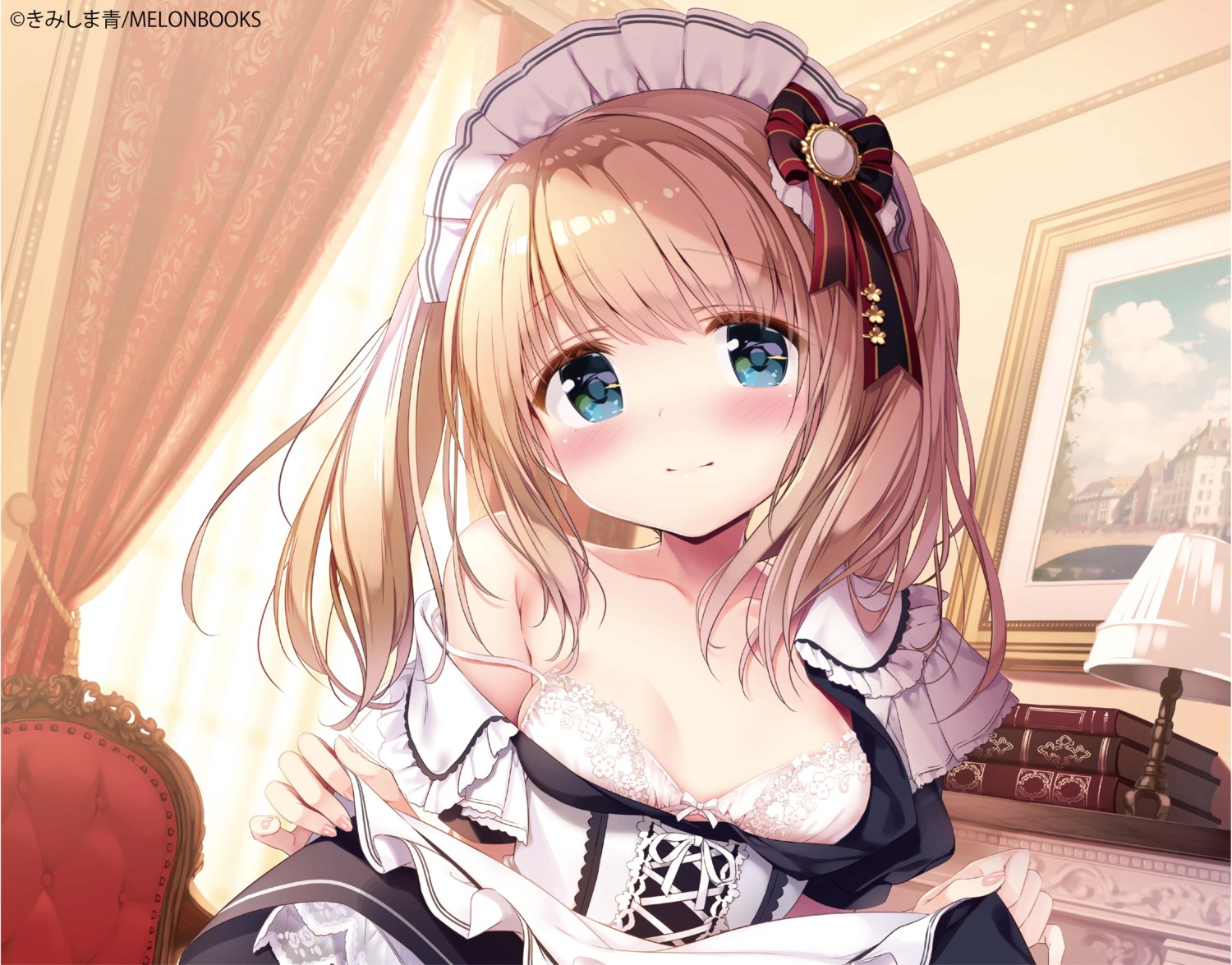 bra kimishima_ao maid momoi_saki open_shirt skirt_lift