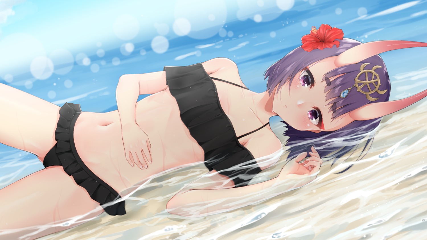 bikini cleavage fate/grand_order hijouguti horns shuten_douji_(fate/grand_order) swimsuits wet