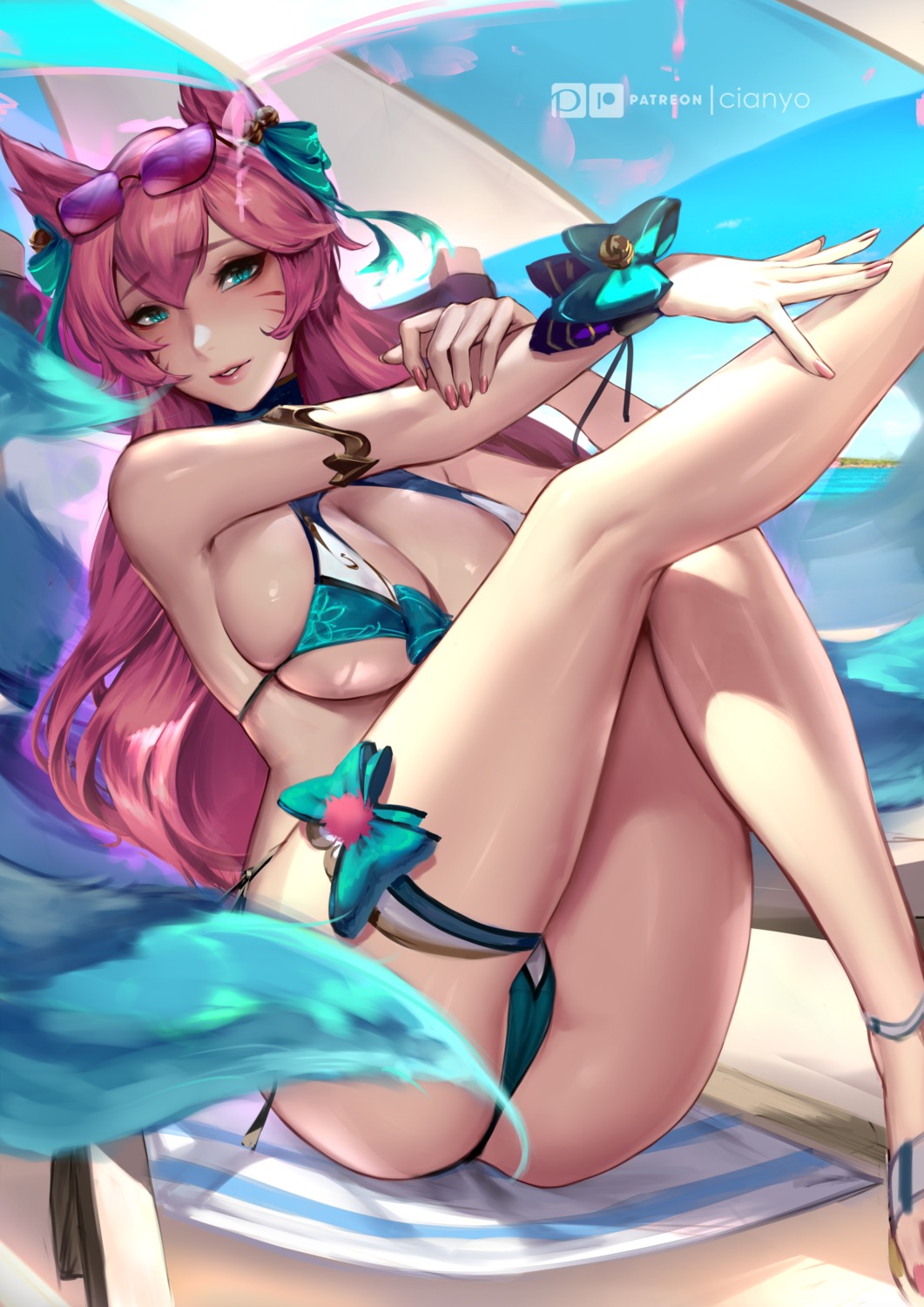 ahri animal_ears bikini cameltoe cianyo garter kitsune league_of_legends megane swimsuits tail thong