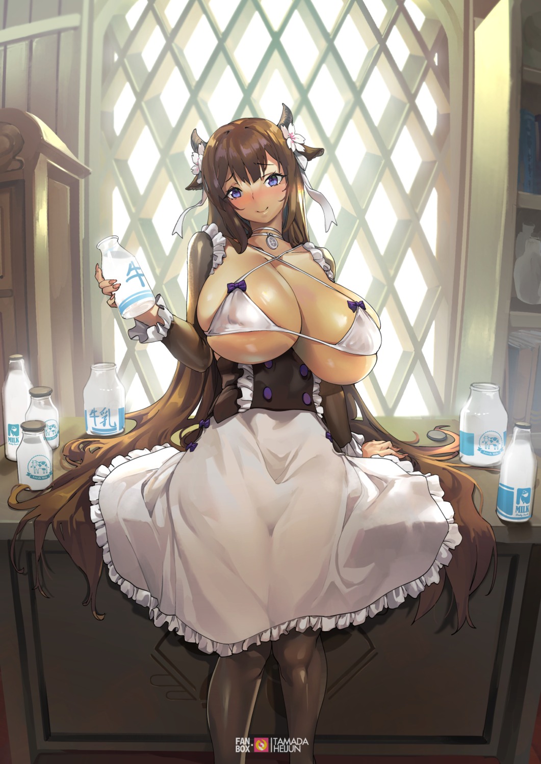 animal_ears azur_lane bra erect_nipples horns kashino_(azur_lane) maid see_through tamada_heijun