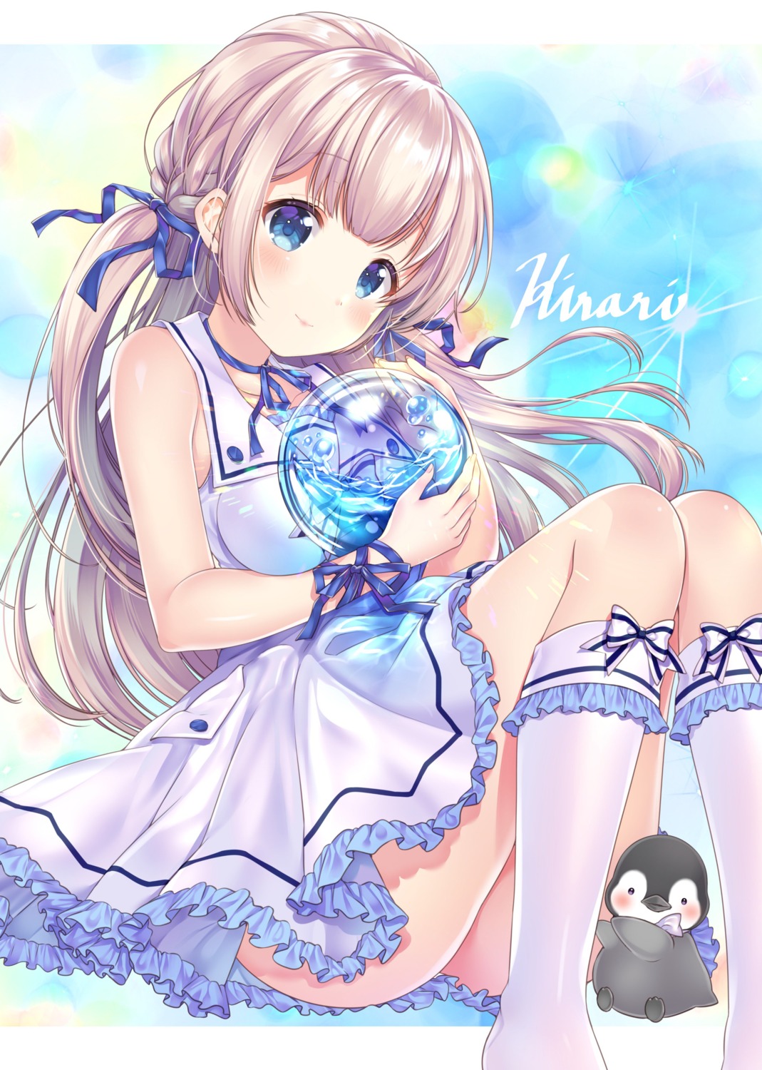 breast_hold dress jpeg_artifacts penguin sakura_moyon skirt_lift summer_dress