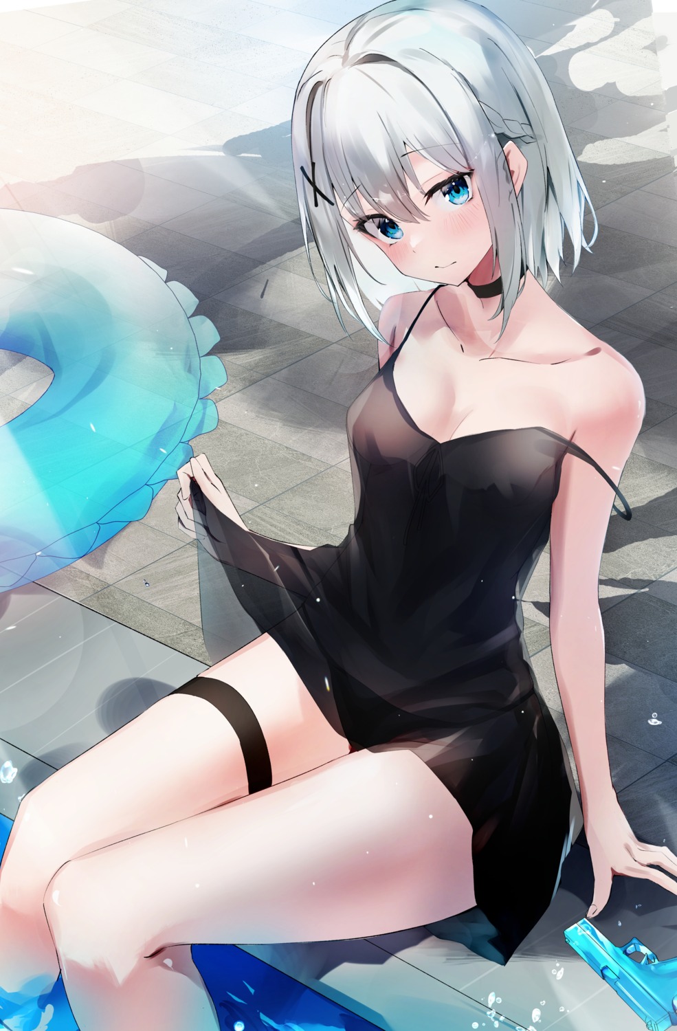 dress garter gun nanashinayuzu_mochi no_bra pantsu see_through skirt_lift wet