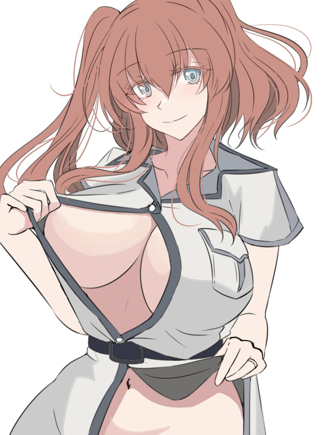 kantai_collection ken_(shutenndouji1) no_bra nopan open_shirt saratoga_(kancolle) skirt_lift undressing uniform