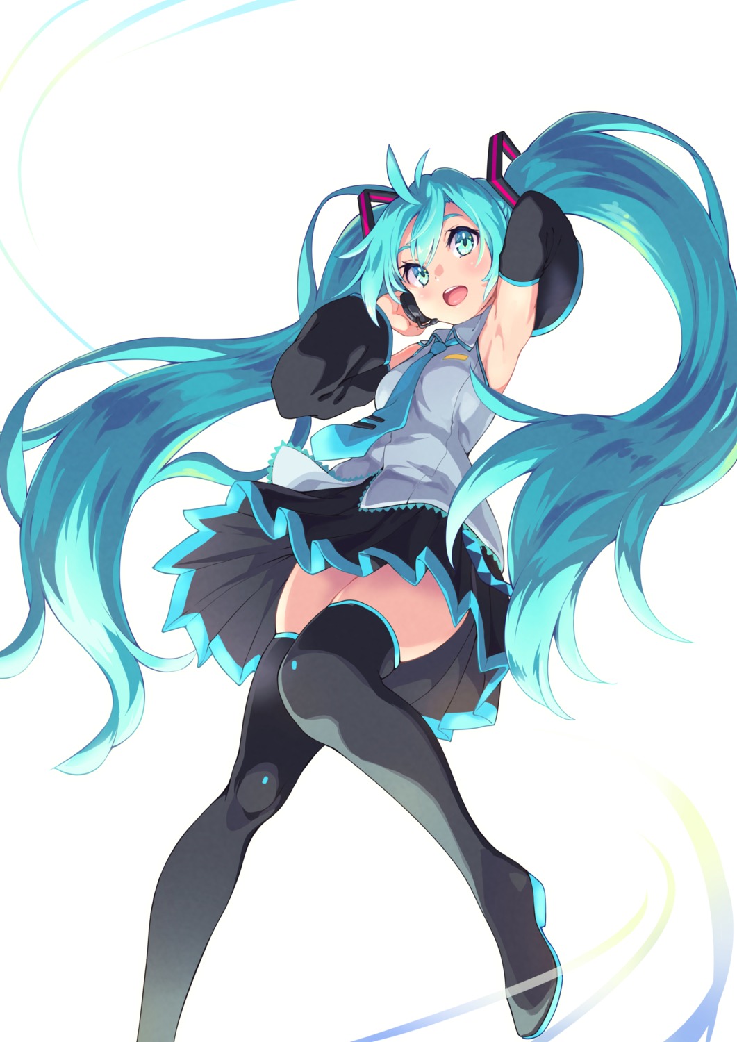 hatsune_miku headphones hinoki_yuu skirt_lift thighhighs vocaloid